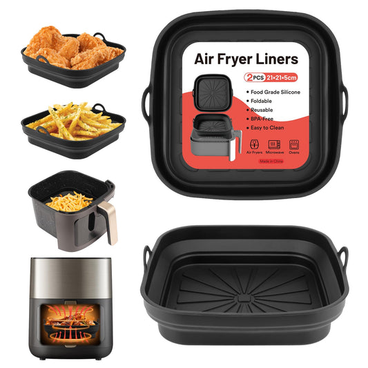 Alyvisun 2 Piezas Bandeja Accesorios para Freidora sin Aceite Reutilizable Recipientes Cuadrado Cesta Utensilios para Air Fryer, Microondas, Horno, Silicona, Azul+Gris