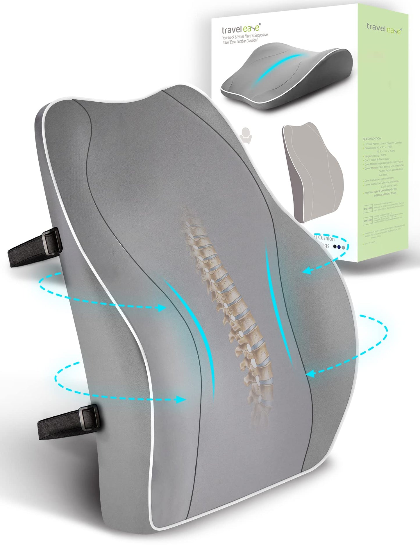 Travel Ease Cojín de Soporte Lumbar Ergonómico, Respaldo de Espuma Viscoelástica para Asiento de Automóvil, Silla de Oficina, Respaldo con Cubierta Antiestática y Correas Ajustables Dobles, Negro