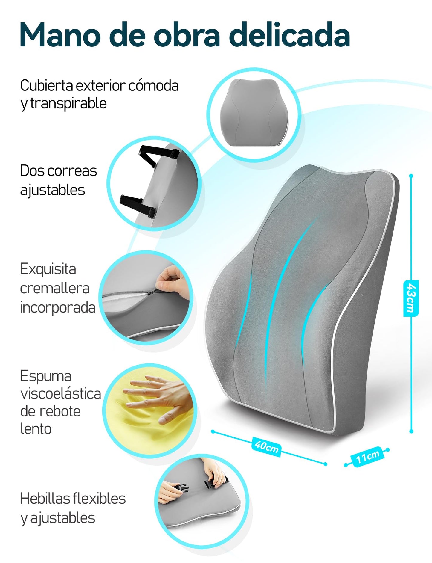 Travel Ease Cojín de Soporte Lumbar Ergonómico, Respaldo de Espuma Viscoelástica para Asiento de Automóvil, Silla de Oficina, Respaldo con Cubierta Antiestática y Correas Ajustables Dobles, Negro