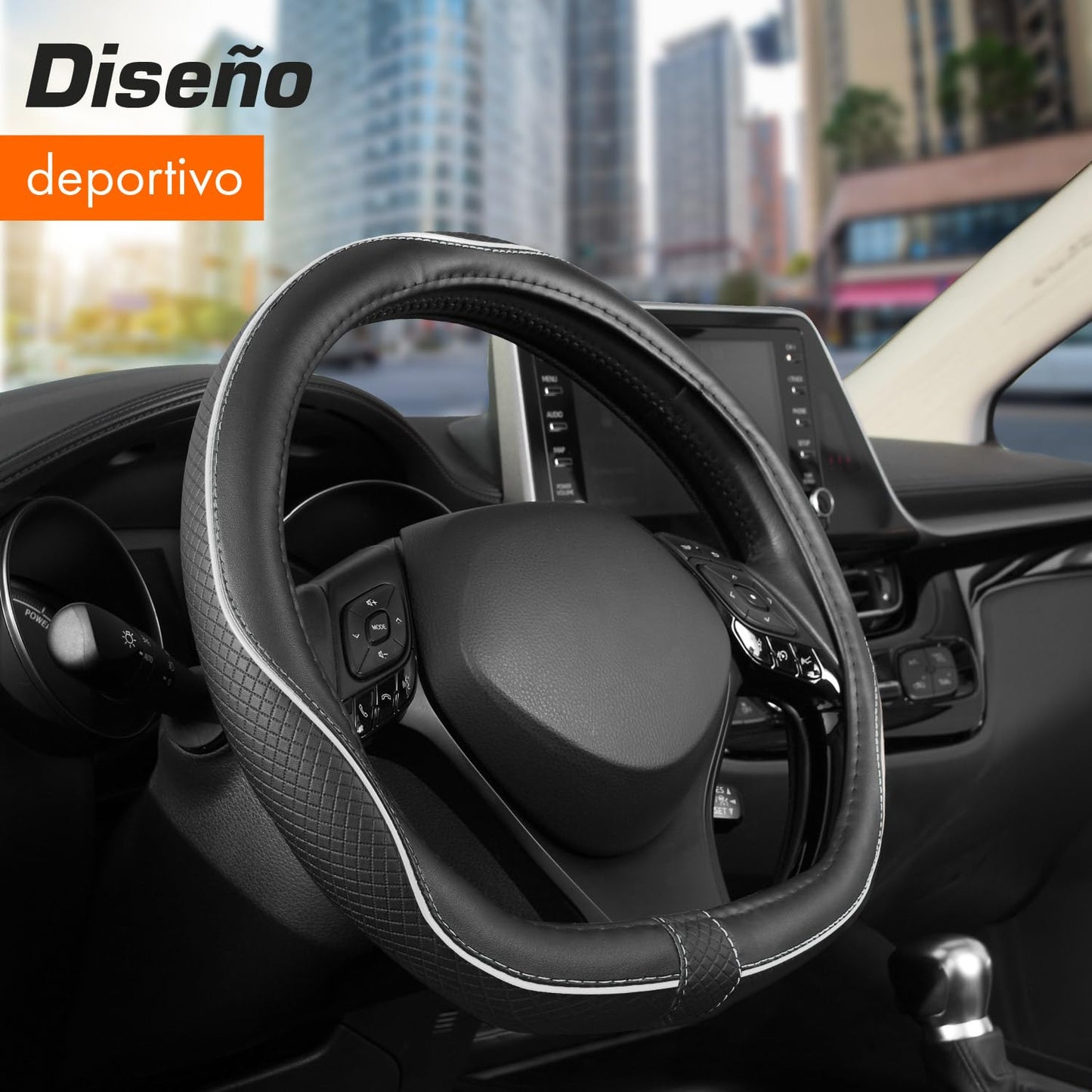 Upgrade4cars Funda Volante Coche Azul Negro Universal Poli-Piel | Cubre 37-38 cm Diámetro Exterior | Accesorios Coches Interior Decoracion Cubierta | Ideas Regalos