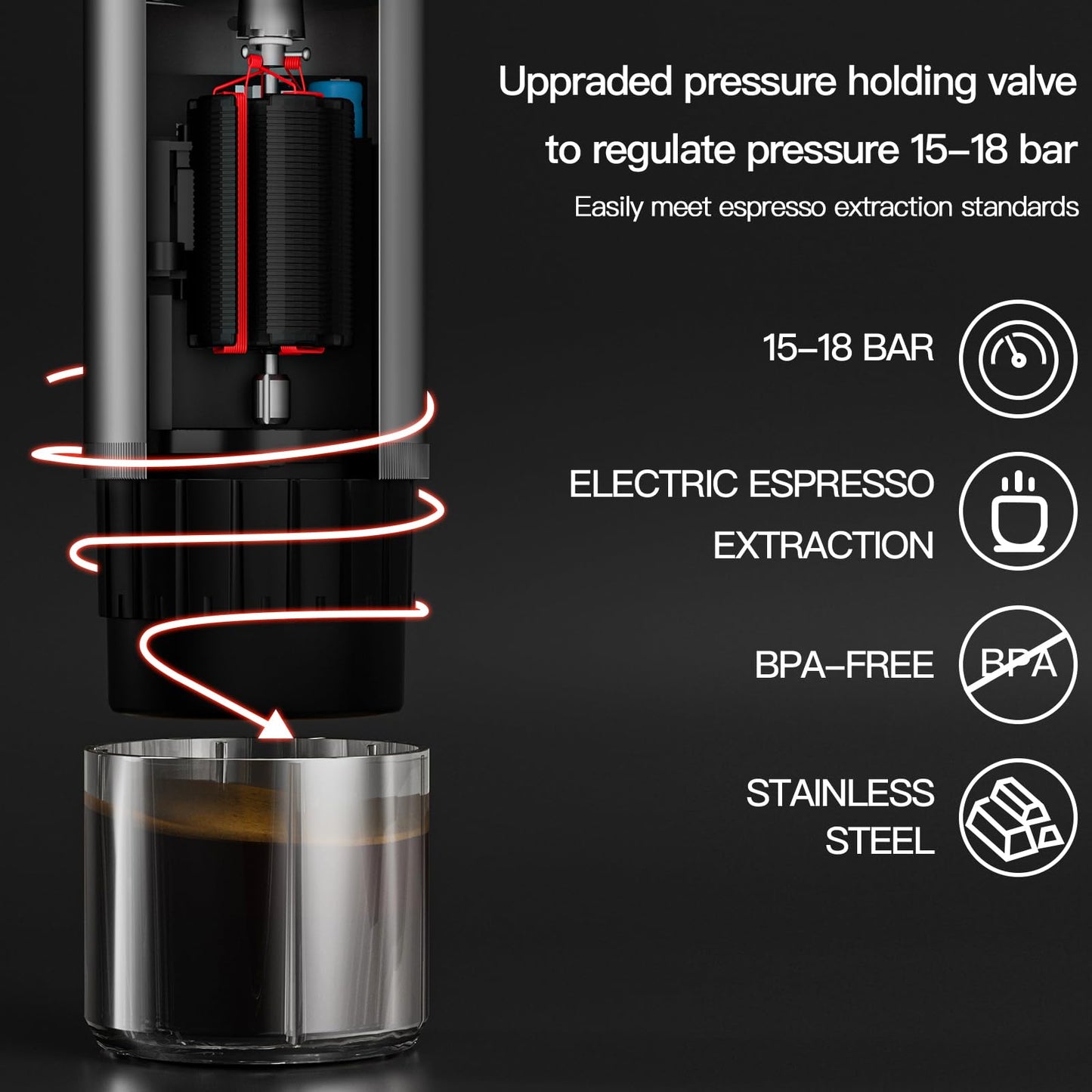 CONQUECO Cafetera Portátil con Cápsula de Espresso - 12V Máquina de Café Electrica con Batería - para Coche Camión y Viajes - Compatible con Cápsulas Originales Nespresso y Cápsula L'or
