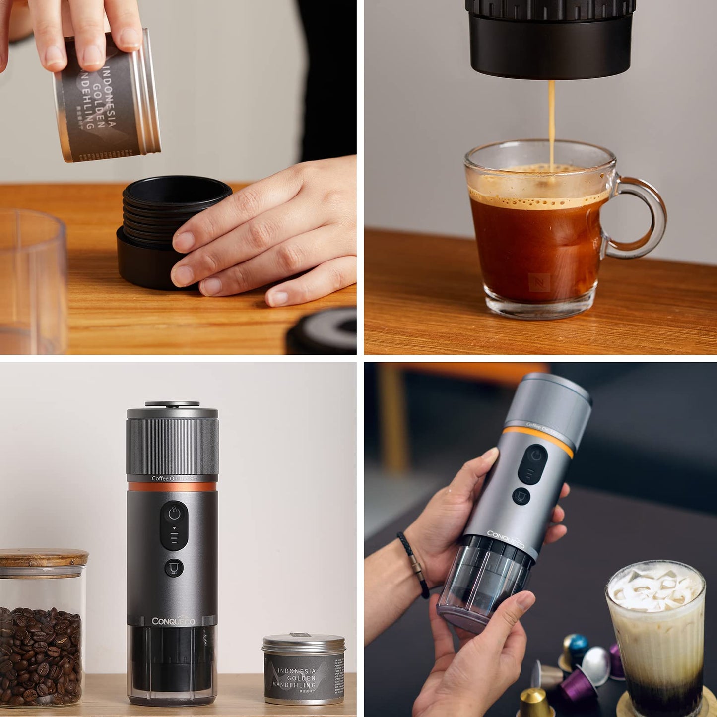 CONQUECO Cafetera Portátil con Cápsula de Espresso - 12V Máquina de Café Electrica con Batería - para Coche Camión y Viajes - Compatible con Cápsulas Originales Nespresso y Cápsula L'or