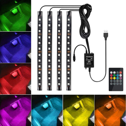Favoto 4x12 Iluminación LED Luz de Ambiente Coche, Auto Interior Atmósfera con Puerto USB y Mando a Distancia, Color Música de Decoración de Lámpara