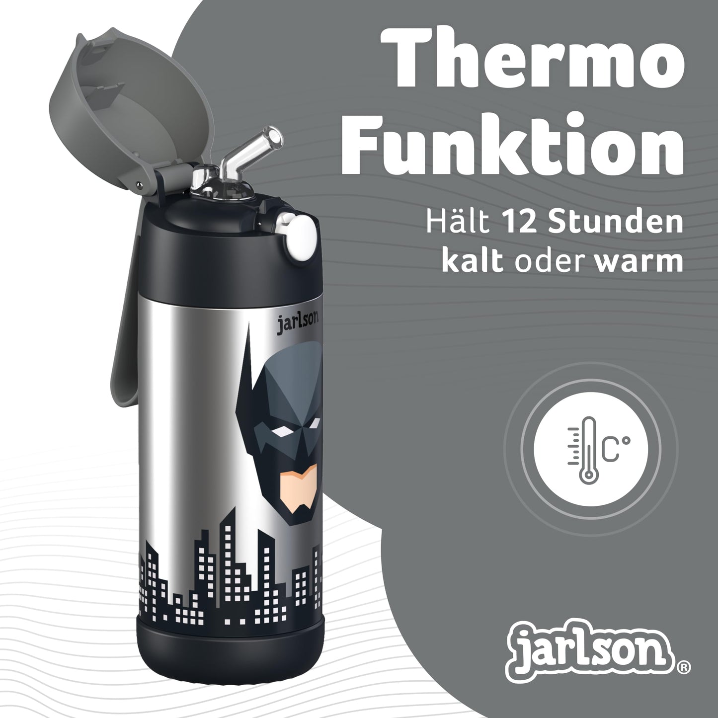 Jarlson®, Botella térmica de acero inoxidable, para niños, libre de BPA, botella para bebidas con pajilla, termo de 500 ml (Camión de bomberos rojo, 500 ml)