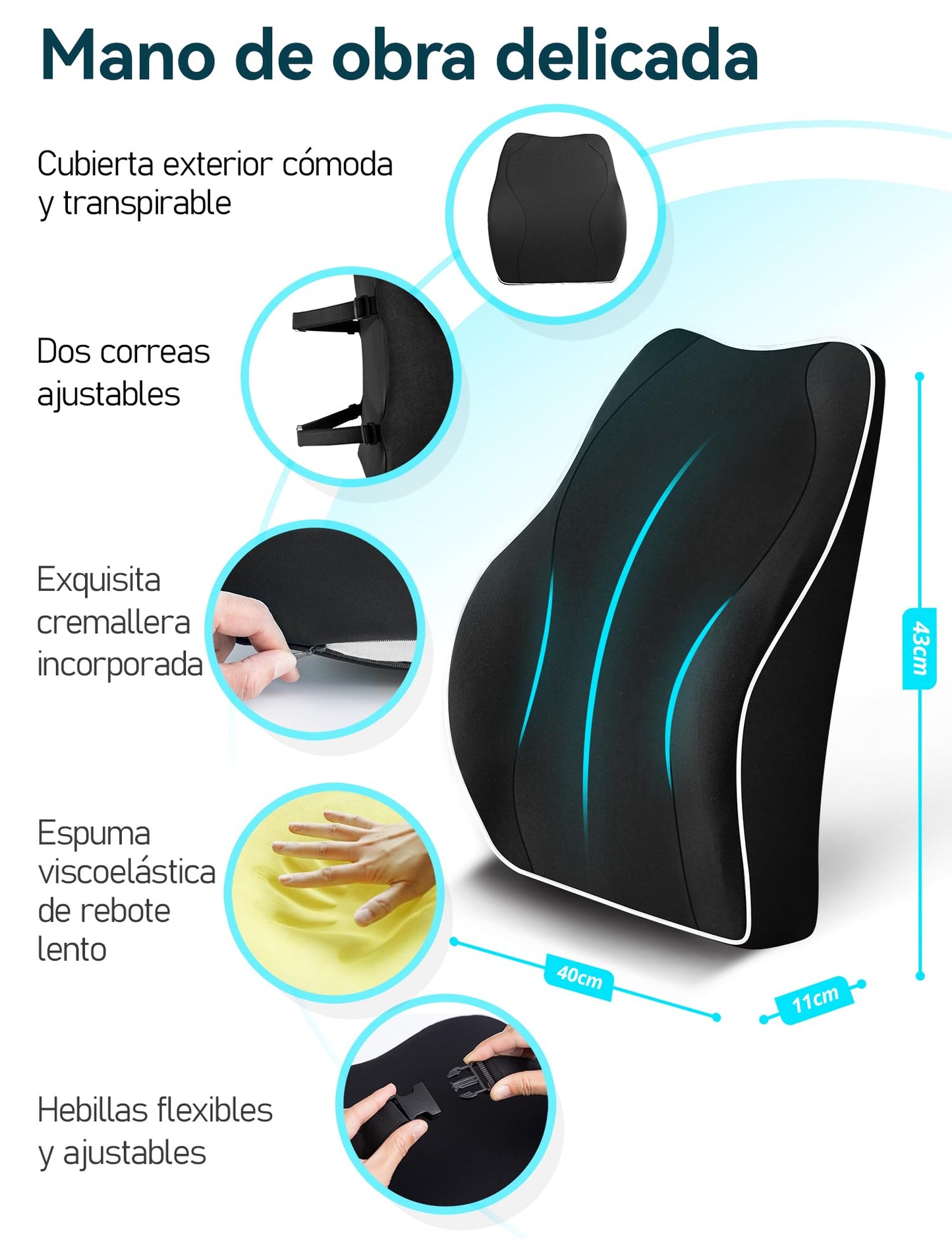 Travel Ease Cojín de Soporte Lumbar Ergonómico, Respaldo de Espuma Viscoelástica para Asiento de Automóvil, Silla de Oficina, Respaldo con Cubierta Antiestática y Correas Ajustables Dobles, Negro