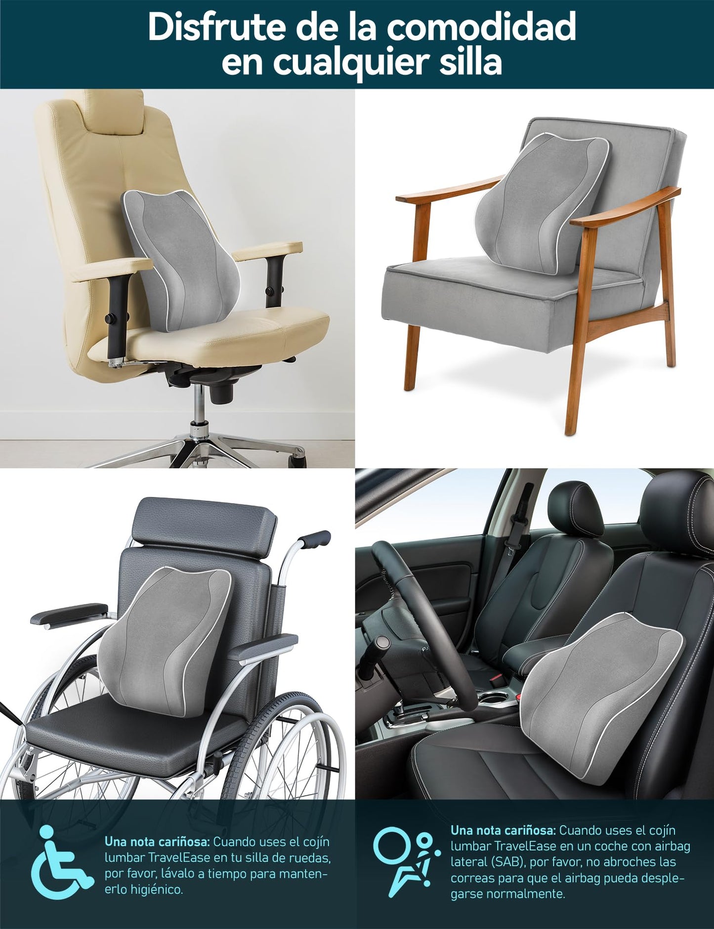 Travel Ease Cojín de Soporte Lumbar Ergonómico, Respaldo de Espuma Viscoelástica para Asiento de Automóvil, Silla de Oficina, Respaldo con Cubierta Antiestática y Correas Ajustables Dobles, Negro