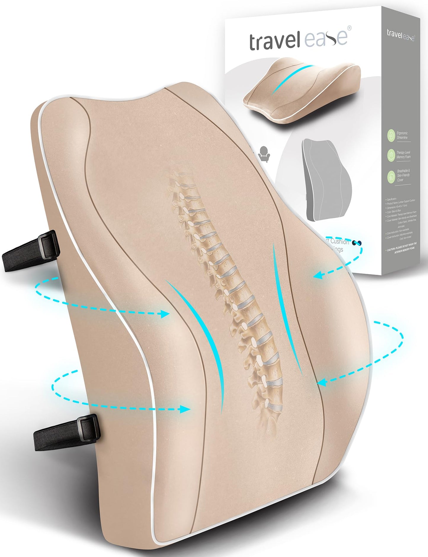 Travel Ease Cojín de Soporte Lumbar Ergonómico, Respaldo de Espuma Viscoelástica para Asiento de Automóvil, Silla de Oficina, Respaldo con Cubierta Antiestática y Correas Ajustables Dobles, Negro