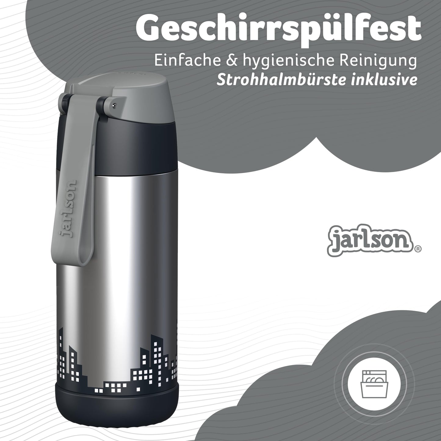 Jarlson®, Botella térmica de acero inoxidable, para niños, libre de BPA, botella para bebidas con pajilla, termo de 500 ml (Camión de bomberos rojo, 500 ml)