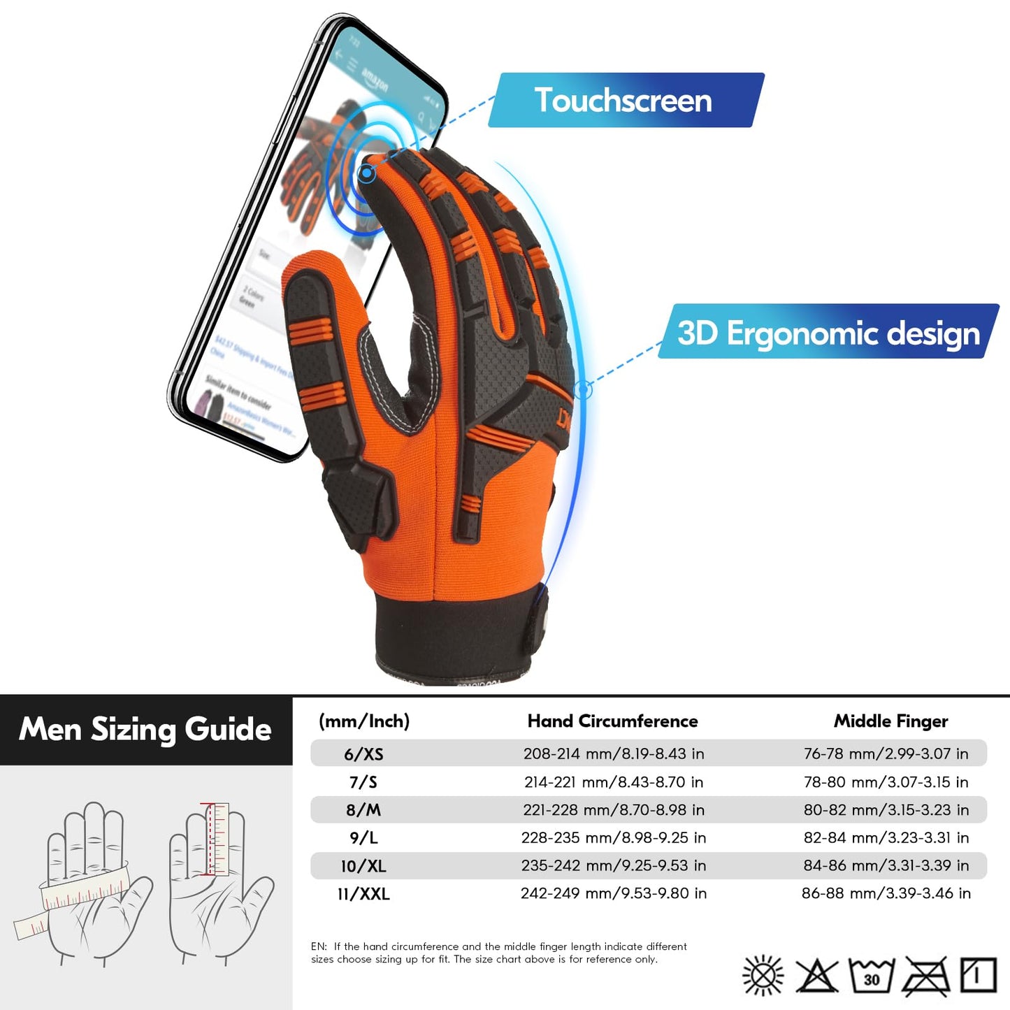 Vgo... Guantes de Trabajo Pesado Hombre Touchscreen para Carpintería Almacén Camionero, Guantes Antivibración Multiusos, 1 par