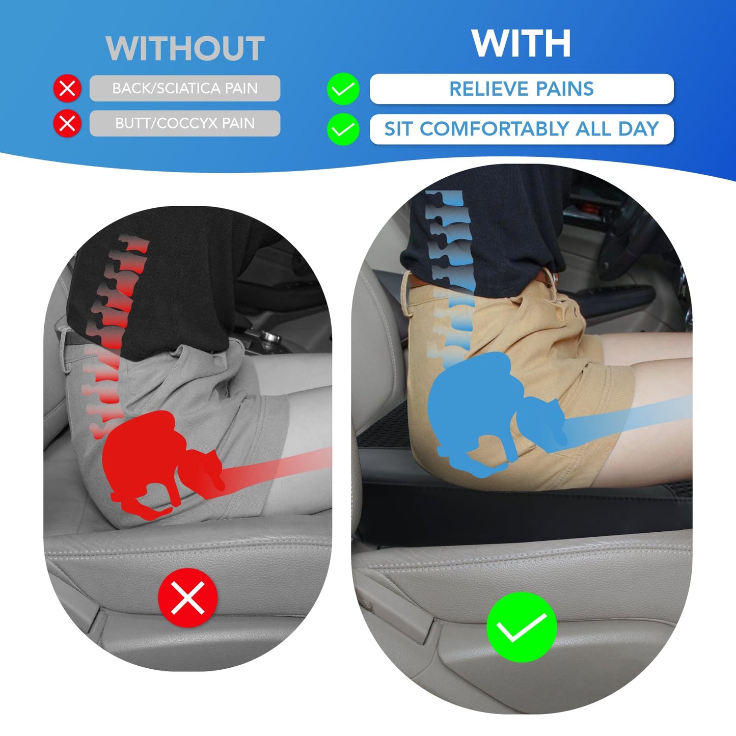Cojín de asiento de coche: cómodo cojín de espuma viscoelástica para conducir, para aliviar el dolor de ciática, tahone, cojín de asiento para coche, camión, oficina, silla de ruedas, cuero y malla 4D