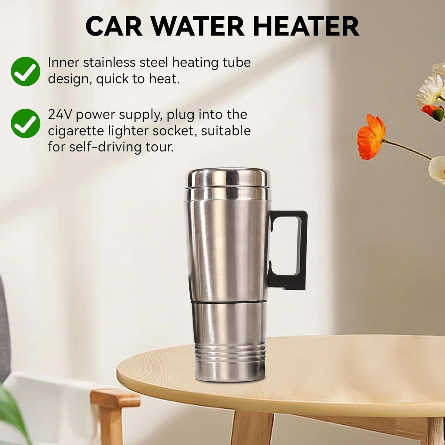 Ldafava Taza Calefactora Para Coche, Taza De Viaje Calefactable De Acero Inoxidable De 14 Onzas Con Tapa Antiderrames, Cable para encendedor de cigarrillos, cargador automático, termo aislado(24V)