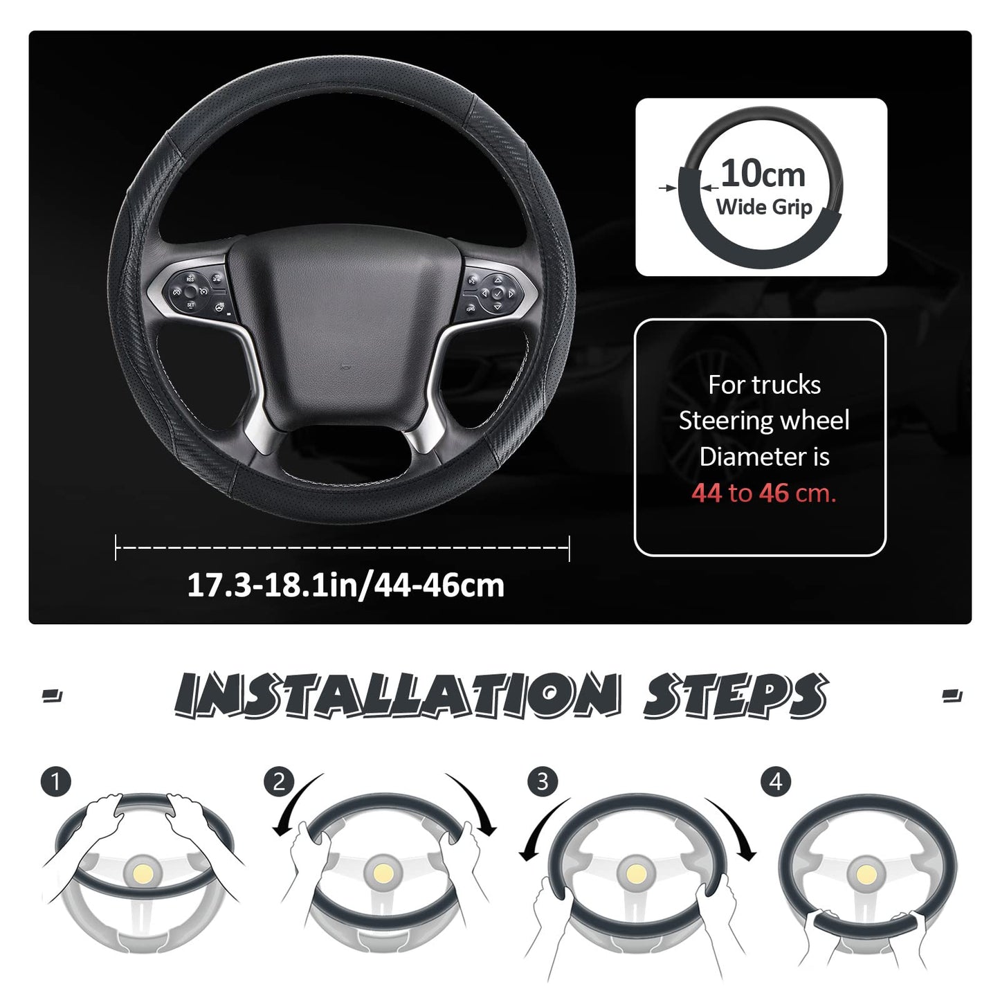ZATOOTO Funda Volante Coche para Camión, Protectores Volante Coche de Fibra de Carbono Antideslizantes, Deportivos y Transpirables, 44-46cm / 17.3-18.1in, Negro