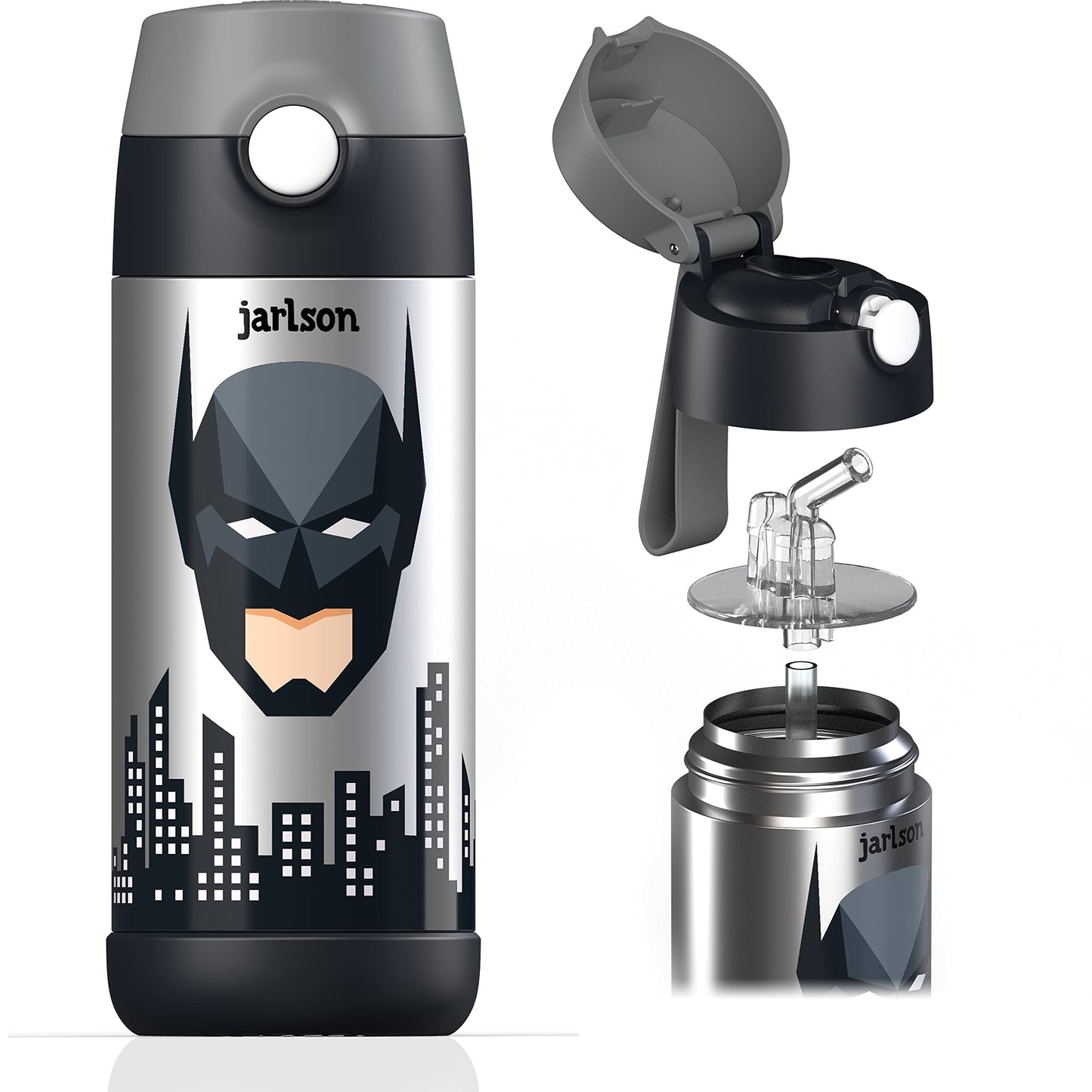 Jarlson®, Botella térmica de acero inoxidable, para niños, libre de BPA, botella para bebidas con pajilla, termo de 500 ml (Camión de bomberos rojo, 500 ml)
