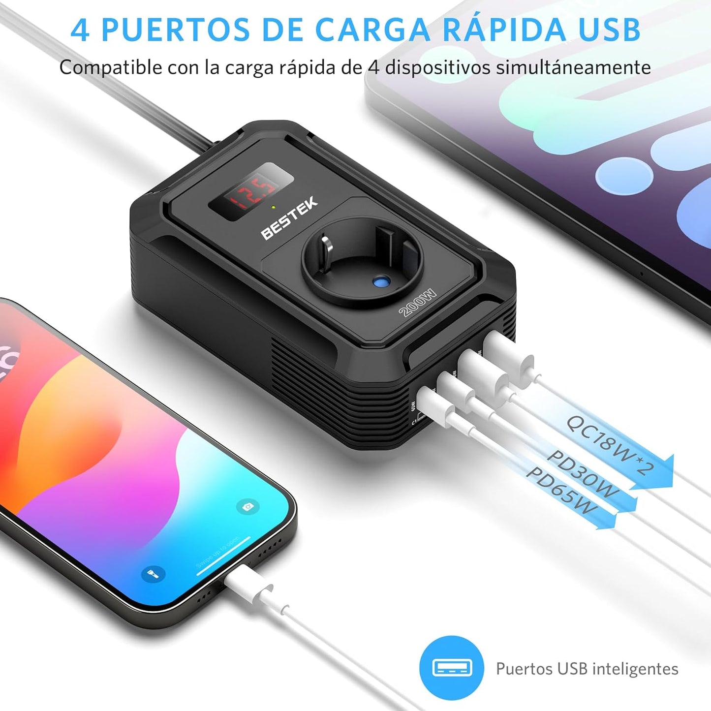 BESTEK Inversor 12v 220v Onda Pura 200W,Transformador 12V a 220V Convertidor Onda con 2 AC Tomas Y 2 USB-C (65 W y 30 W) 2 USB-QC (18 W) sinusoidal con Protección para Barco,Caravana,Coche（Negro）