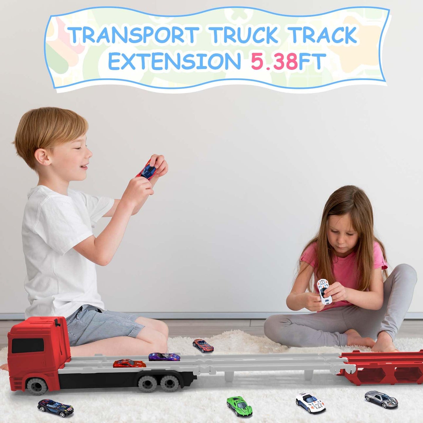 Xoolkly Camiones de Juguete Eyección Pista de Carreras Camión Juguetes Portátil Camión de Transporte Juguetes Niños 3 Años con 12 Mini Vehículos Coches Juguete para Niños 3 4 5 Años, Roja