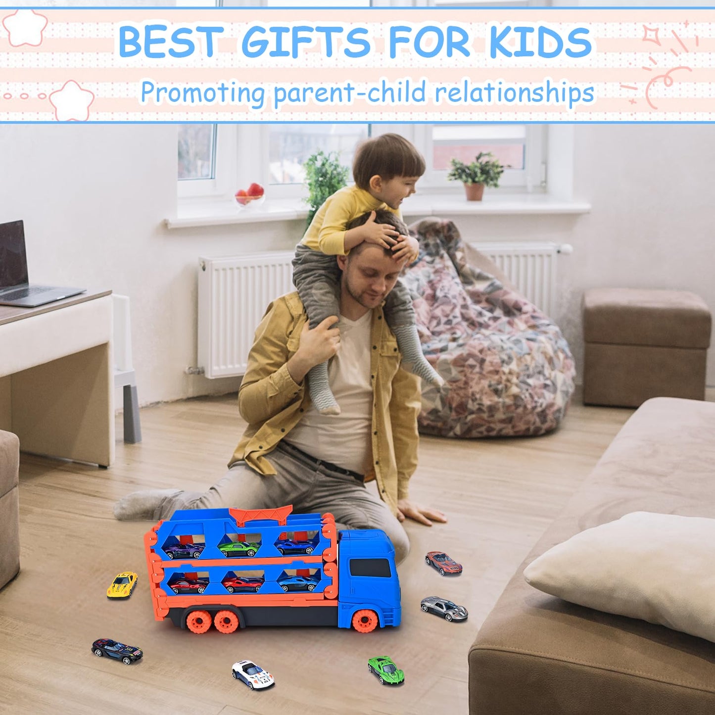 Xoolkly Camiones de Juguete Eyección Pista de Carreras Camión Juguetes Portátil Camión de Transporte Juguetes Niños 3 Años con 12 Mini Vehículos Coches Juguete para Niños 3 4 5 Años, Roja