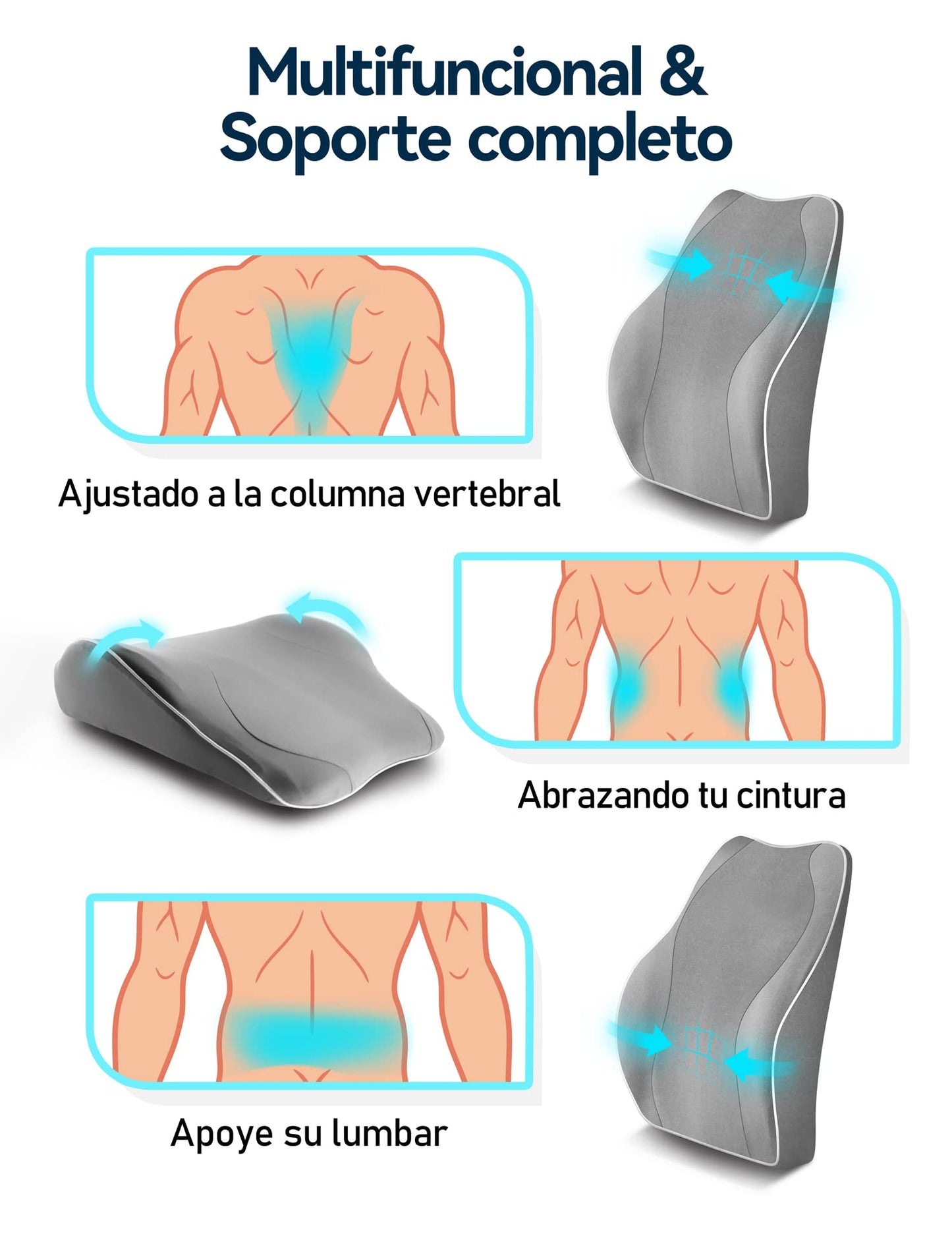 Travel Ease Cojín de Soporte Lumbar Ergonómico, Respaldo de Espuma Viscoelástica para Asiento de Automóvil, Silla de Oficina, Respaldo con Cubierta Antiestática y Correas Ajustables Dobles, Negro