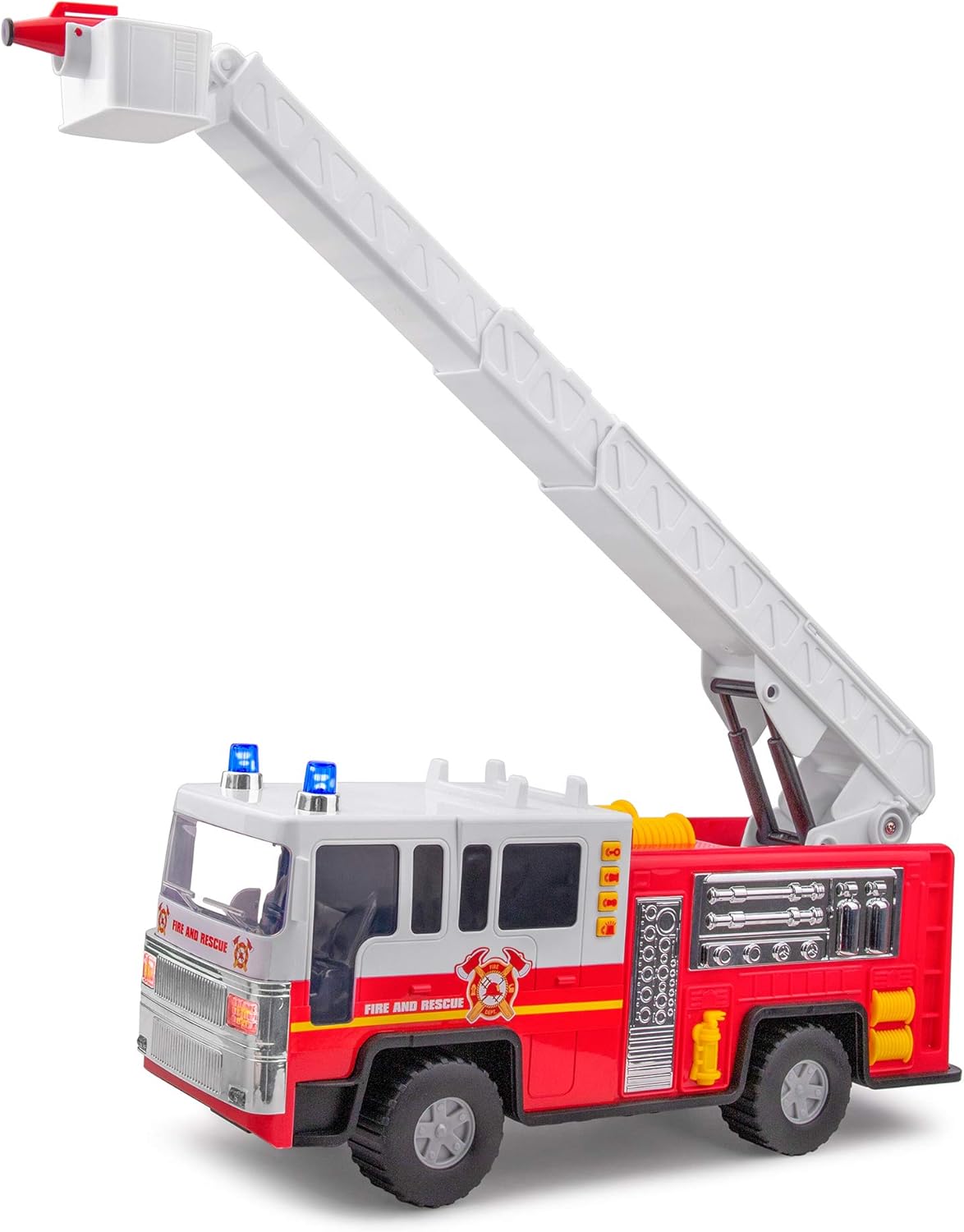 Playkidiz 15 Pulgada Juguete de camión de Bomberos para niños con Luces y Sonidos de Sirena, clásico Rojo y Blanco vehículo, Interactivo Jugar Escalera móvil, diversión de Aprendizaje temprano