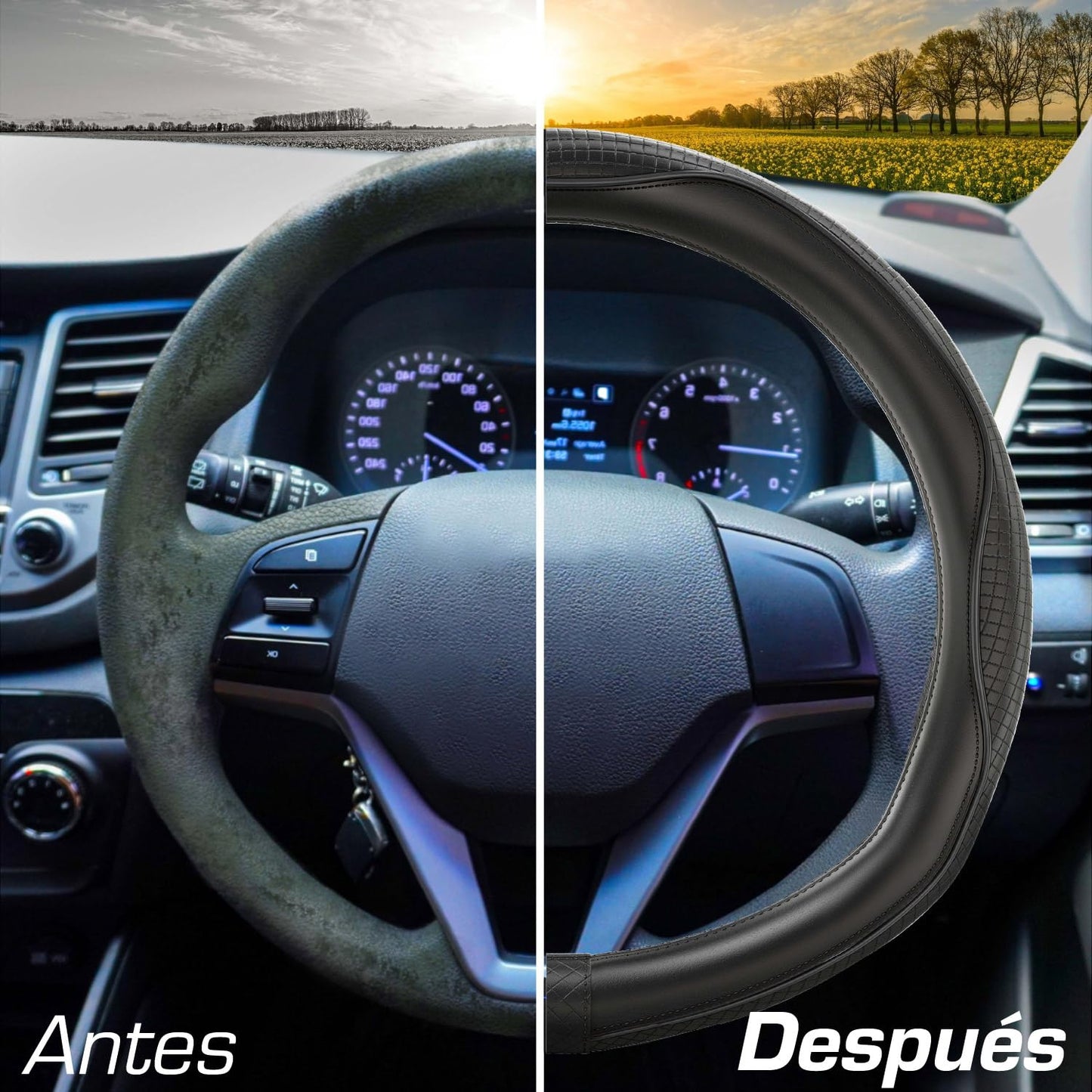 Upgrade4cars Funda Volante Coche Azul Negro Universal Poli-Piel | Cubre 37-38 cm Diámetro Exterior | Accesorios Coches Interior Decoracion Cubierta | Ideas Regalos