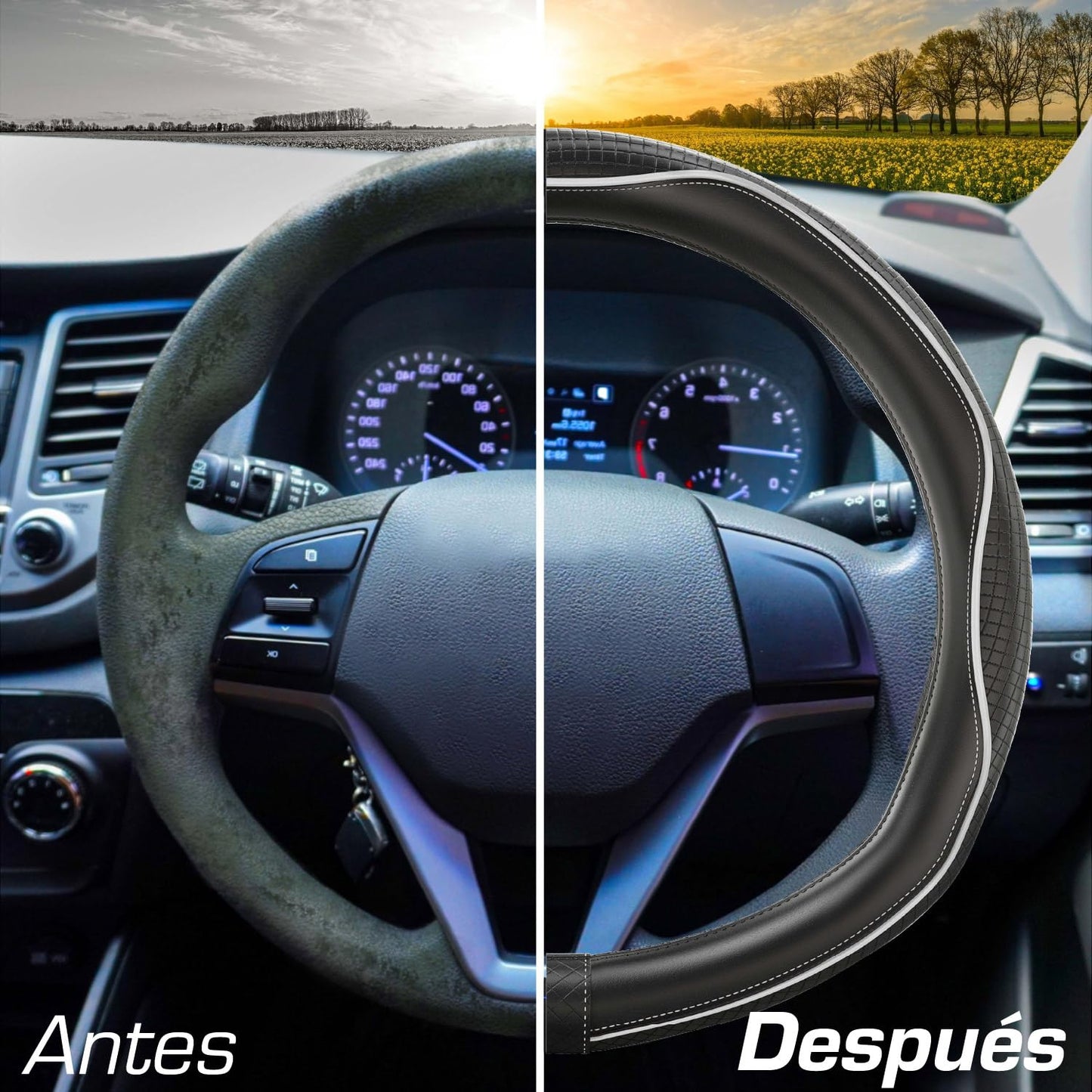Upgrade4cars Funda Volante Coche Azul Negro Universal Poli-Piel | Cubre 37-38 cm Diámetro Exterior | Accesorios Coches Interior Decoracion Cubierta | Ideas Regalos