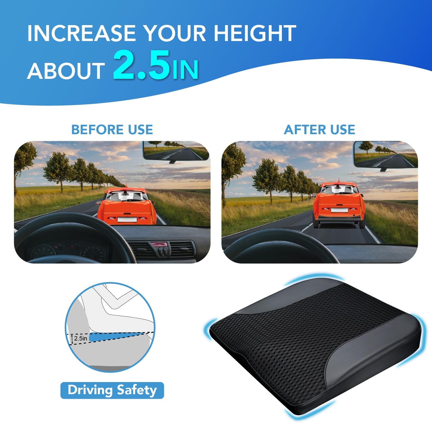 Cojín de asiento de coche: cómodo cojín de espuma viscoelástica para conducir, para aliviar el dolor de ciática, tahone, cojín de asiento para coche, camión, oficina, silla de ruedas, cuero y malla 4D