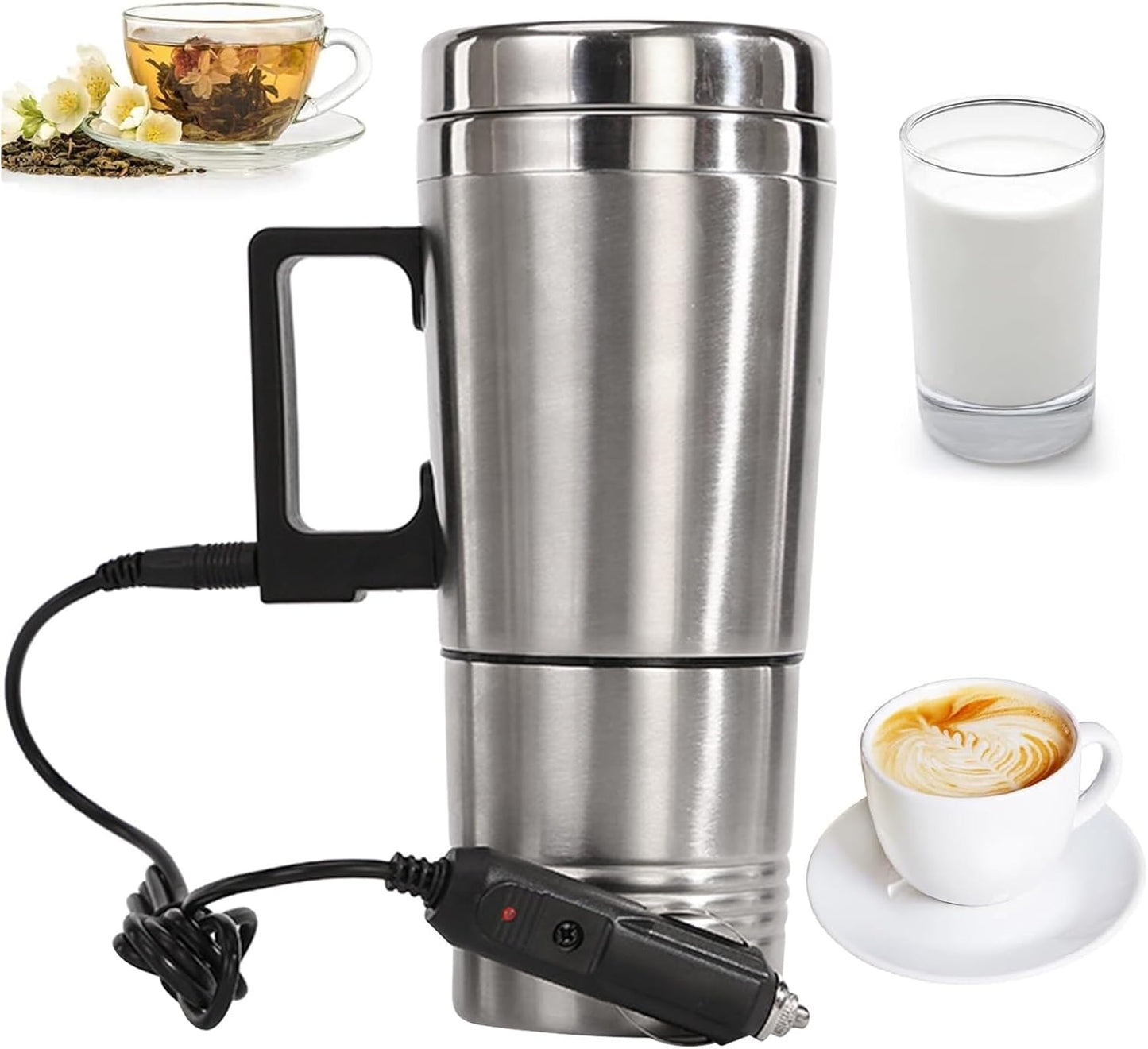 Ldafava Taza Calefactora Para Coche, Taza De Viaje Calefactable De Acero Inoxidable De 14 Onzas Con Tapa Antiderrames, Cable para encendedor de cigarrillos, cargador automático, termo aislado(24V)