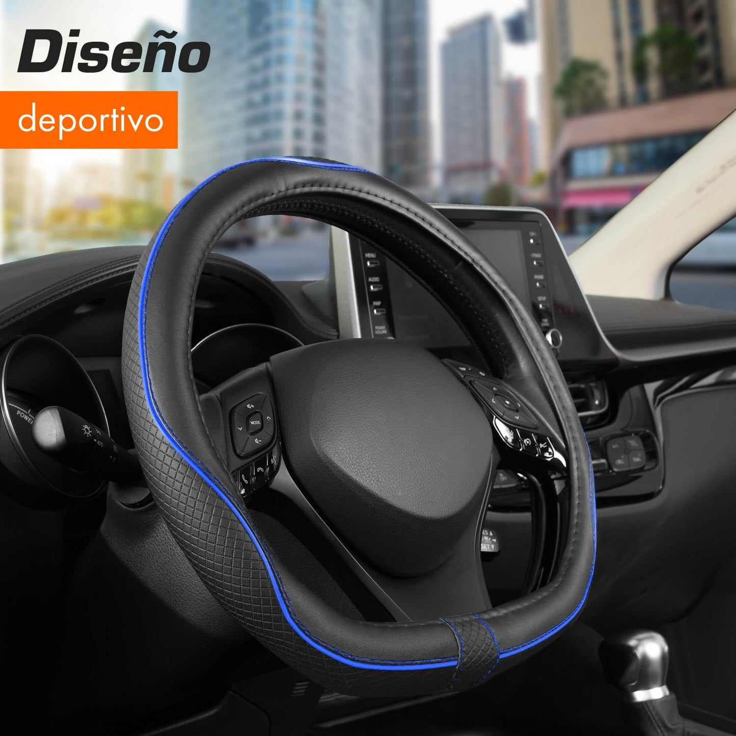 Upgrade4cars Funda Volante Coche Azul Negro Universal Poli-Piel | Cubre 37-38 cm Diámetro Exterior | Accesorios Coches Interior Decoracion Cubierta | Ideas Regalos
