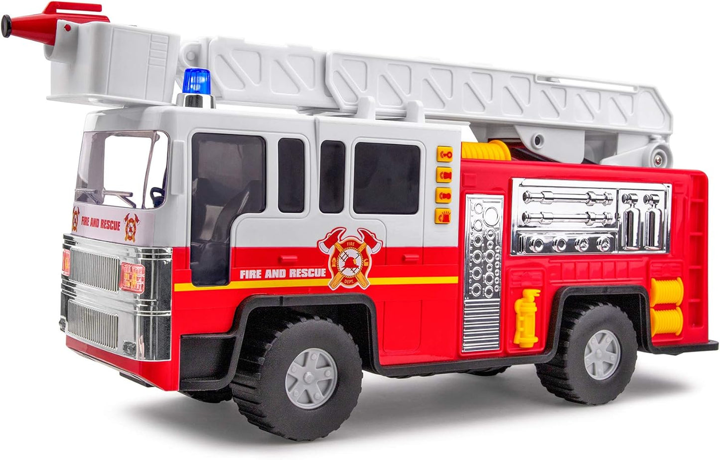 Playkidiz 15 Pulgada Juguete de camión de Bomberos para niños con Luces y Sonidos de Sirena, clásico Rojo y Blanco vehículo, Interactivo Jugar Escalera móvil, diversión de Aprendizaje temprano