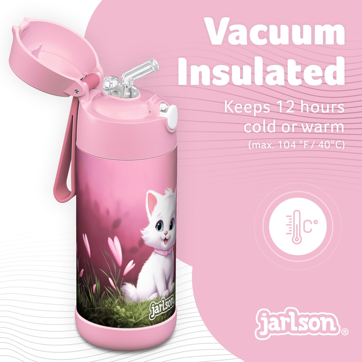 Jarlson®, Botella térmica de acero inoxidable, para niños, libre de BPA, botella para bebidas con pajilla, termo de 500 ml (Camión de bomberos rojo, 500 ml)