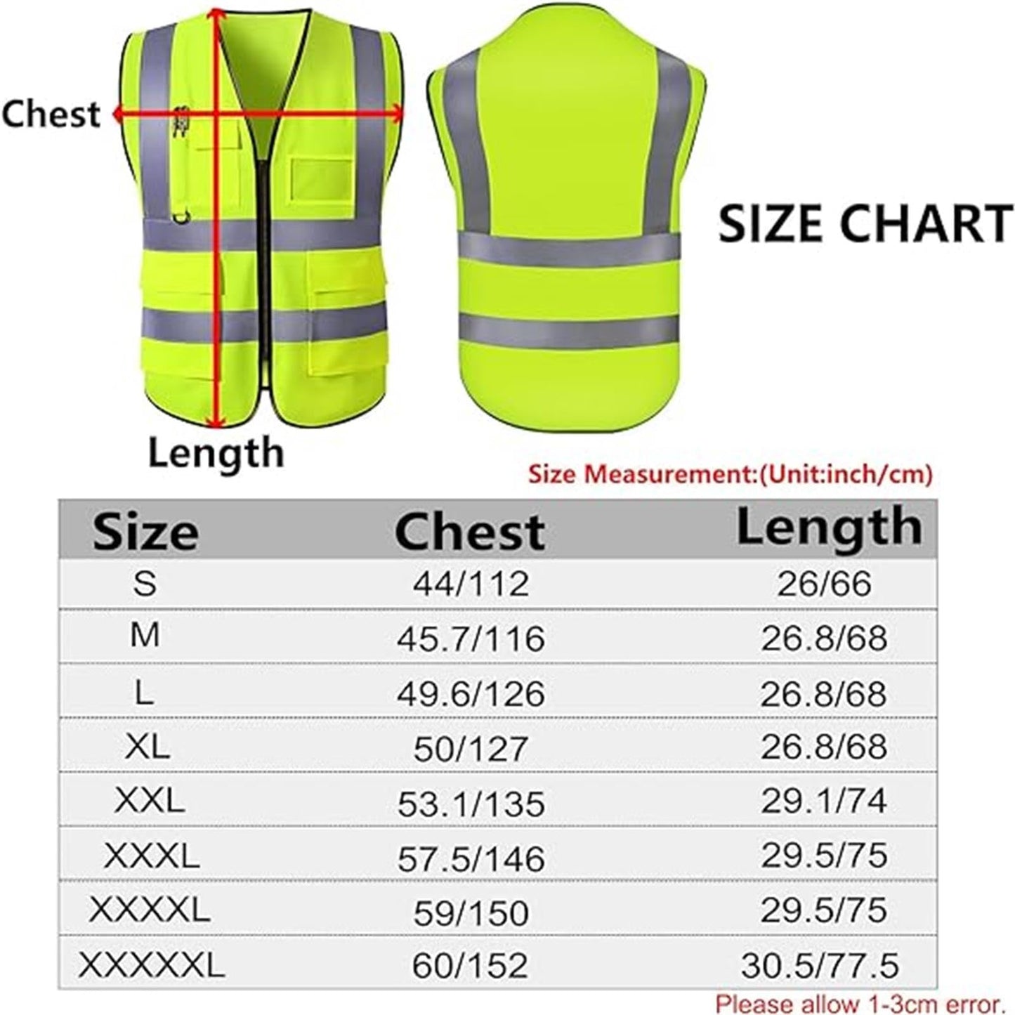 Greaxid Chaleco de seguridad para hombres de alta visibilidad reflectante ropa de trabajo con 5 bolsillos para la construcción al aire libre, S ~ 5XL