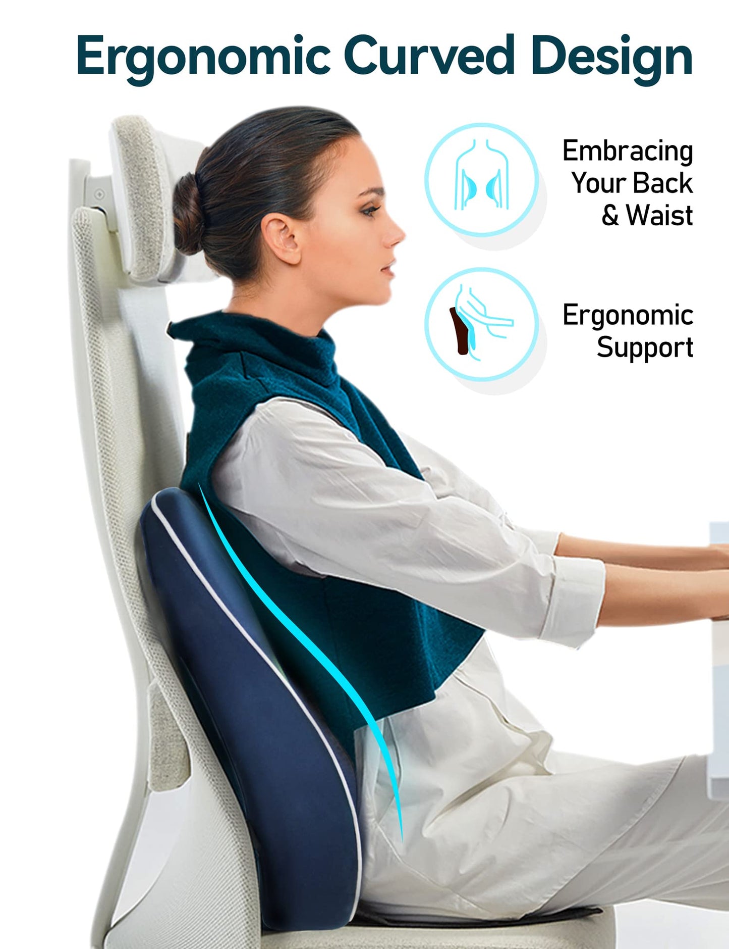 Travel Ease Cojín de Soporte Lumbar Ergonómico, Respaldo de Espuma Viscoelástica para Asiento de Automóvil, Silla de Oficina, Respaldo con Cubierta Antiestática y Correas Ajustables Dobles, Negro