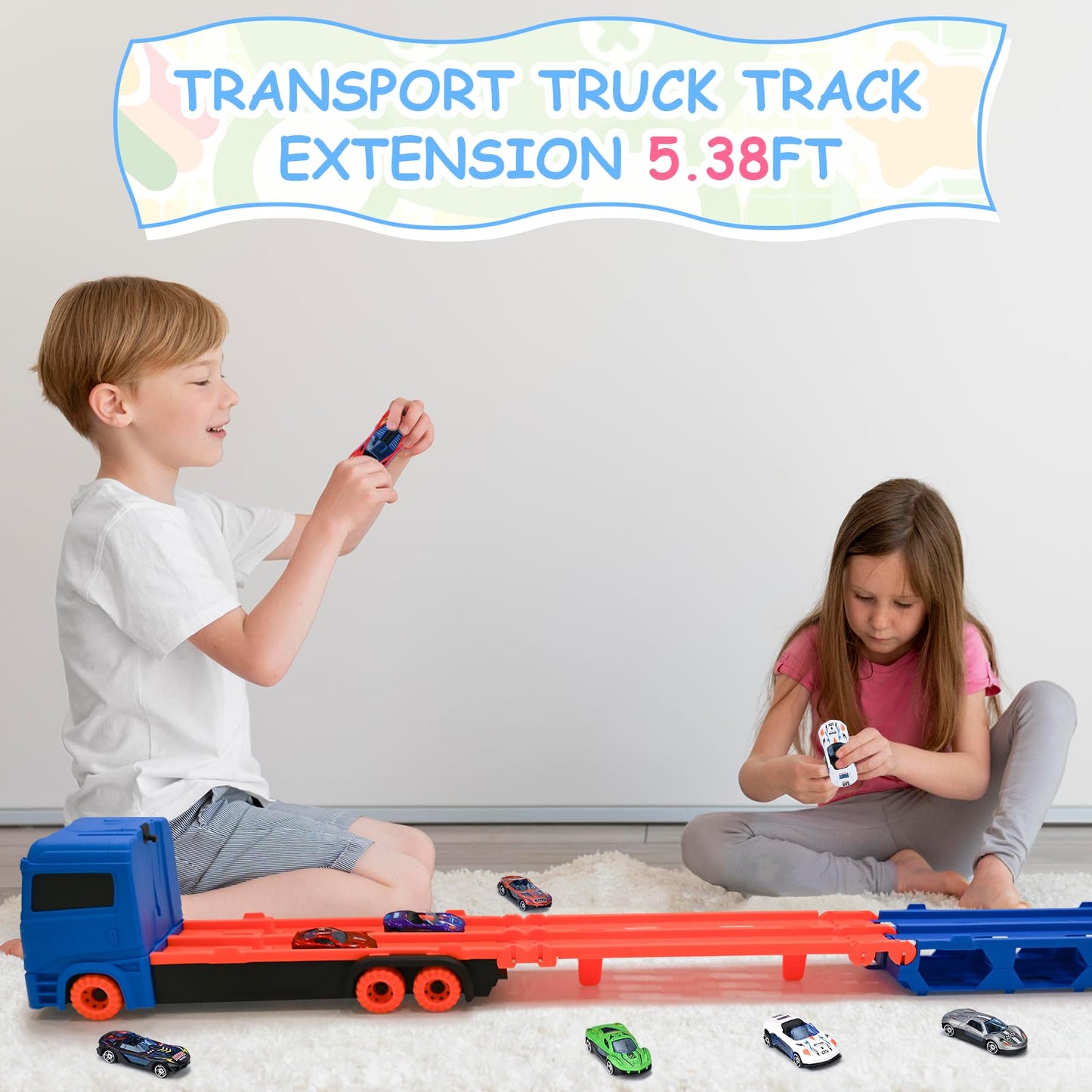 Xoolkly Camiones de Juguete Eyección Pista de Carreras Camión Juguetes Portátil Camión de Transporte Juguetes Niños 3 Años con 12 Mini Vehículos Coches Juguete para Niños 3 4 5 Años, Roja