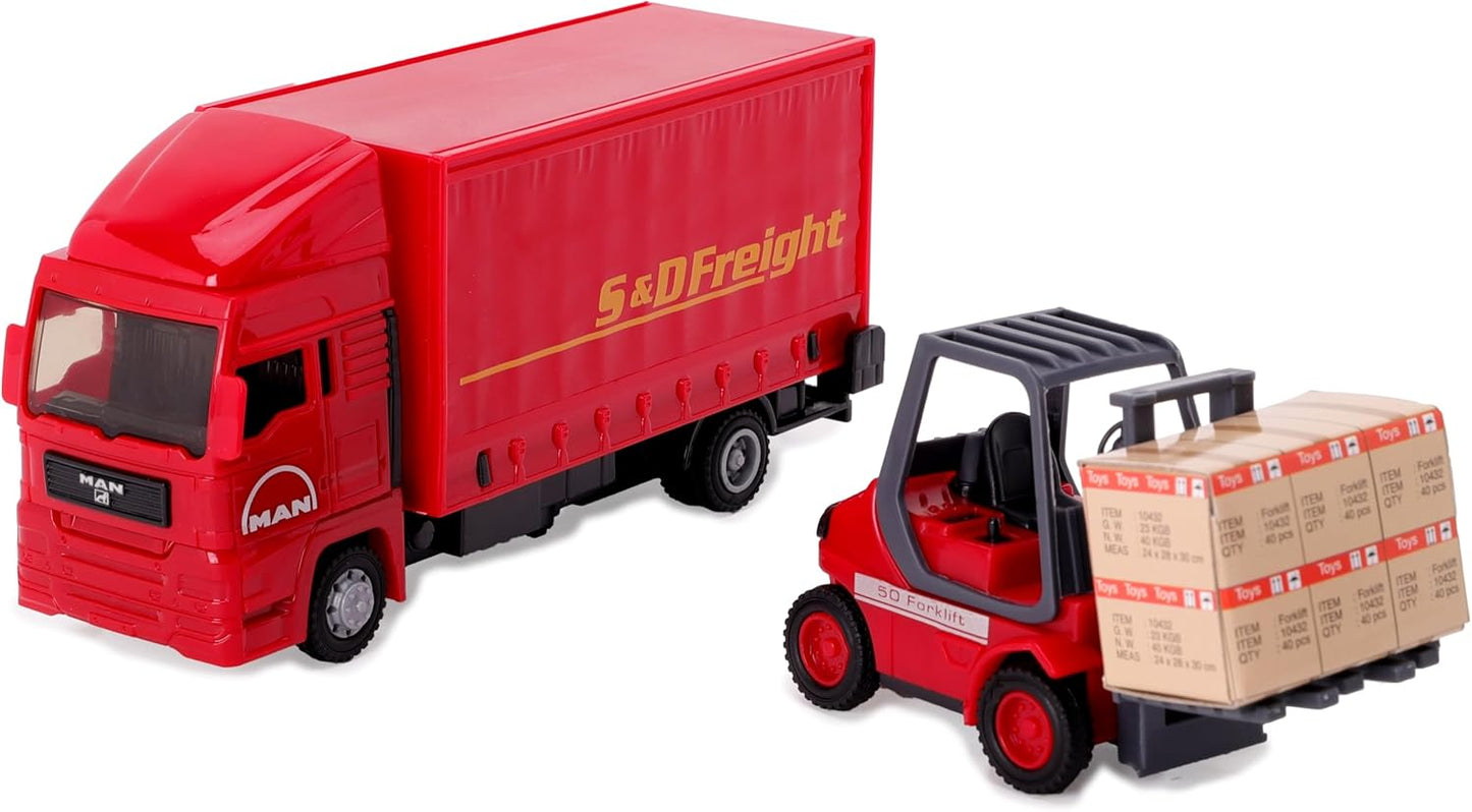 Toyland® - Juego de vehículos Load and Go - Camión de Carga Scania con Carretilla elevadora y Paleta - Juguetes para vehículos de Transporte - Juguetes para niños (Rojo)