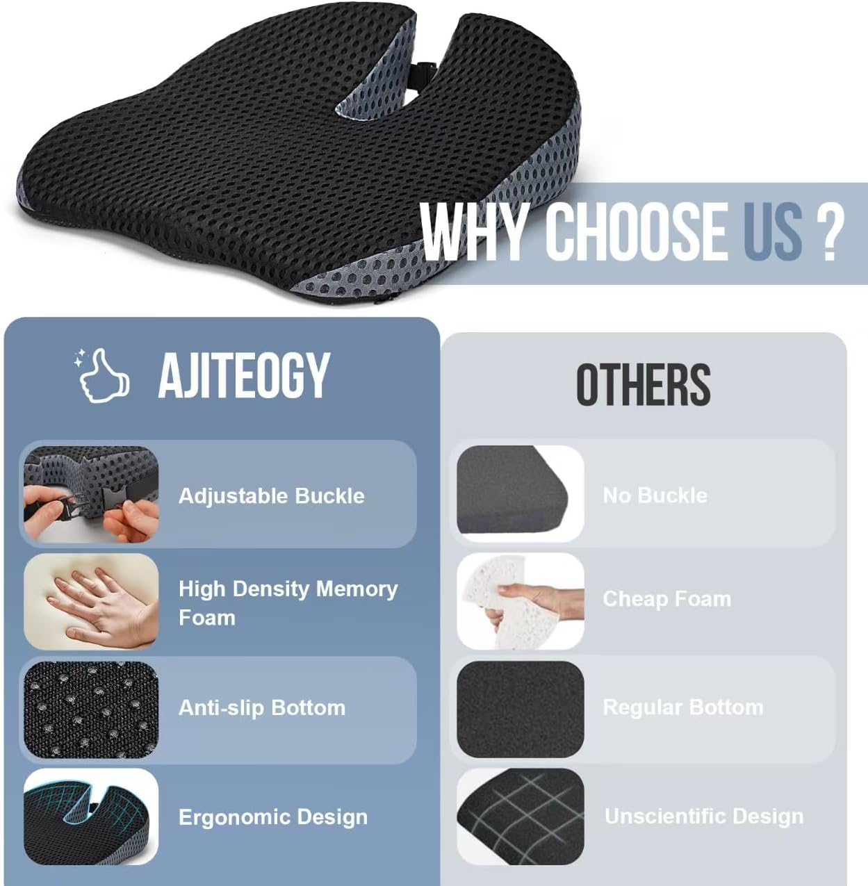 Ajiteogy Seat Cushion for Car Driver – Ergonomic Adult Booster with Memory Foam and Straps – Compatible with Car, Office, Trucks