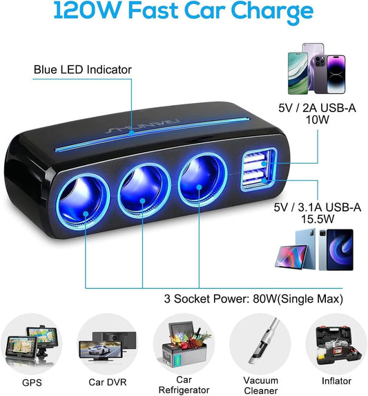 Linkstyle Adaptador de Encendedor de Cigarrillos, Cargador de Coche con 3 Tomas y Dos Puertos USB Divisor de Carga rápida para 12V/24V Dispositivos de Coche