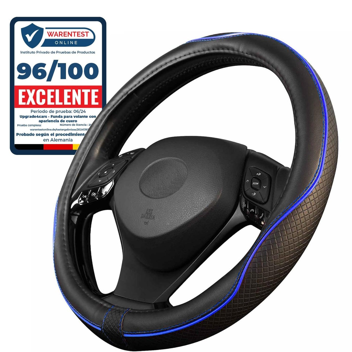 Upgrade4cars Funda Volante Coche Azul Negro Universal Poli-Piel | Cubre 37-38 cm Diámetro Exterior | Accesorios Coches Interior Decoracion Cubierta | Ideas Regalos