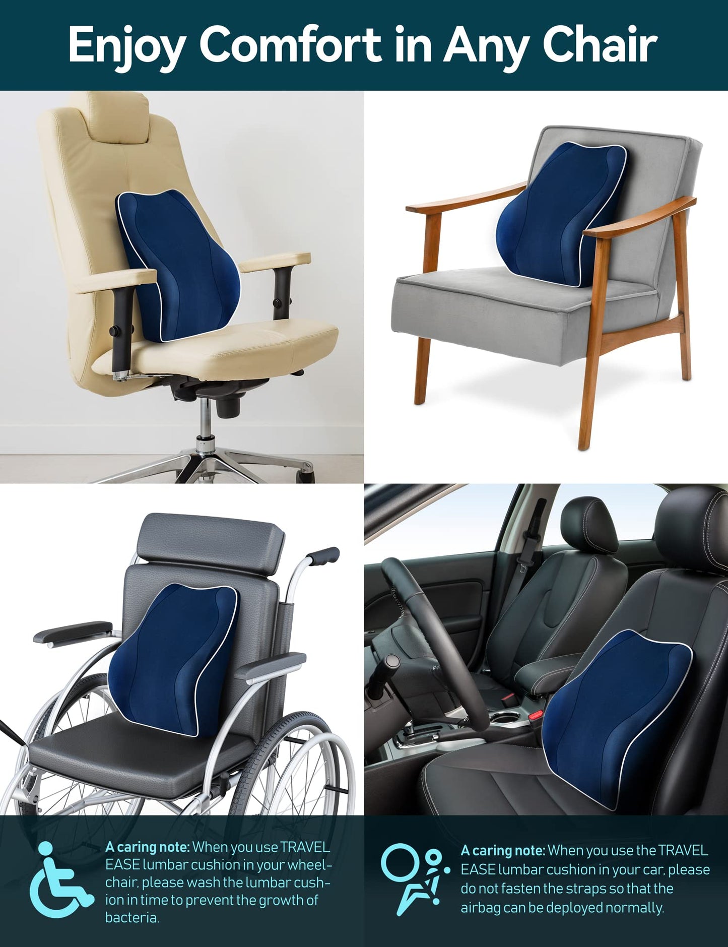 Travel Ease Cojín de Soporte Lumbar Ergonómico, Respaldo de Espuma Viscoelástica para Asiento de Automóvil, Silla de Oficina, Respaldo con Cubierta Antiestática y Correas Ajustables Dobles, Negro