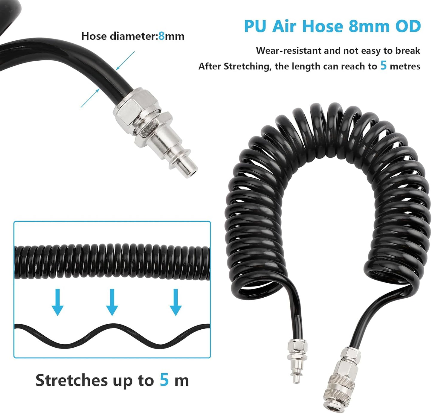 Fippy Pistola de Aire para Camiones con Manguera de Retroceso de 5 Metros(5 * 8mm), Pistola de Plumero de Aire para Camiones con Conector, Negro