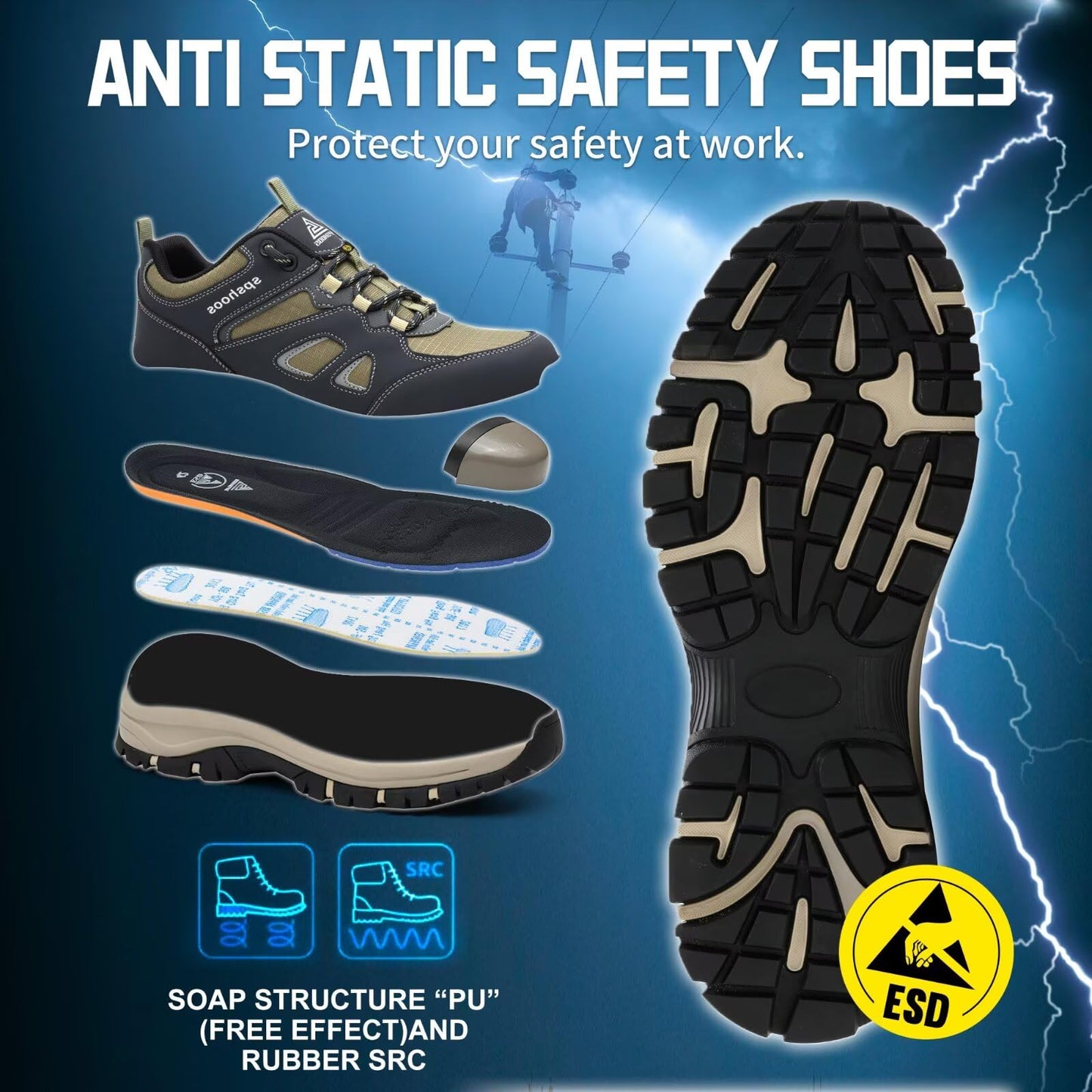 Zapatos de Seguridad para Hombre Mujer S1P ESD Zapatillas Trabajo Comodos Calzado de Seguridad Ligero con Punta de Acero