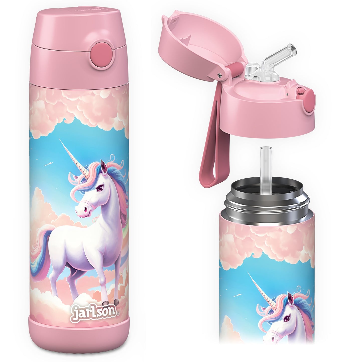 Jarlson®, Botella térmica de acero inoxidable, para niños, libre de BPA, botella para bebidas con pajilla, termo de 500 ml (Camión de bomberos rojo, 500 ml)