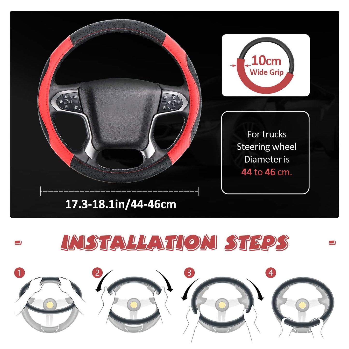 ZATOOTO Funda Volante Coche para Camión, Protectores Volante Coche de Fibra de Carbono Antideslizantes, Deportivos y Transpirables, 44-46cm / 17.3-18.1in, Negro