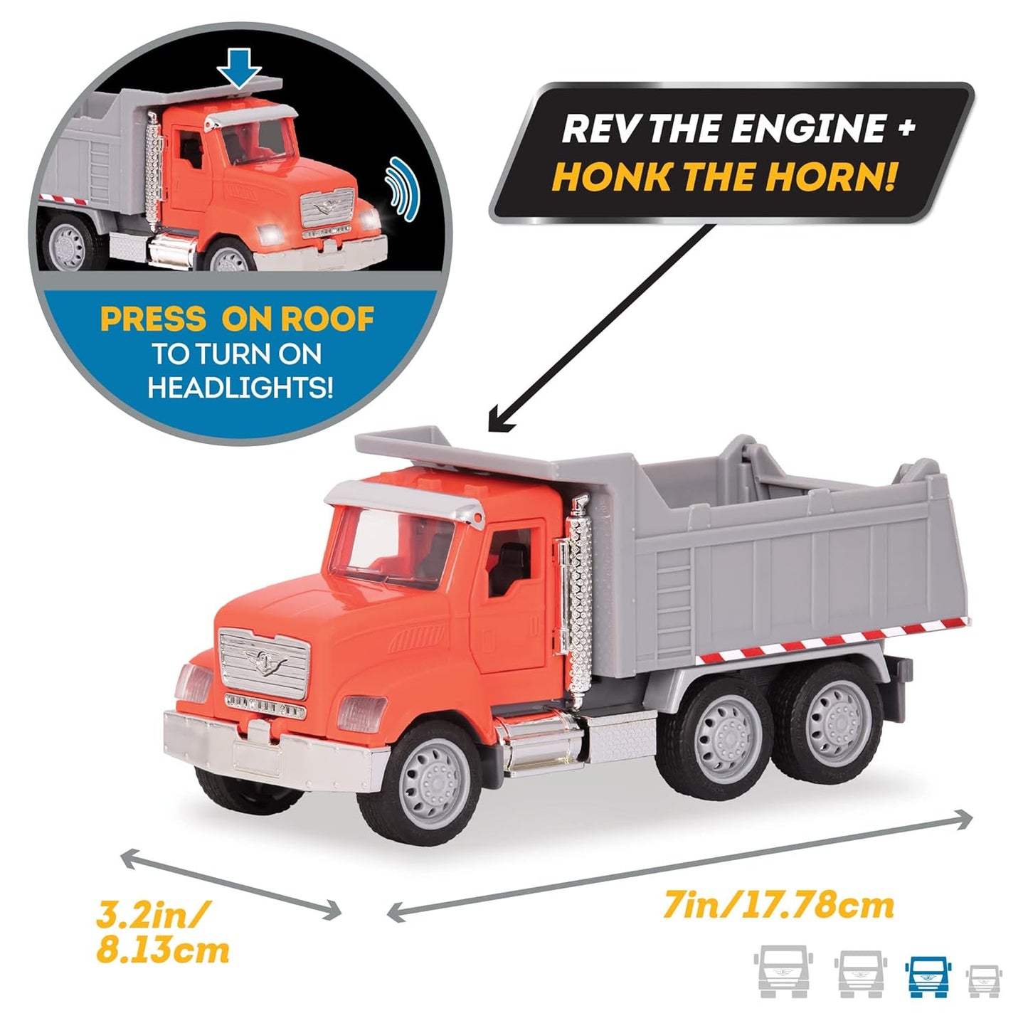 B. Driven by Battat – Camión volquete de Juguete para niños – Vehículo de construcción de Juguete – Luces y Sonidos – Piezas móviles – 3 años + – Micro Volqueta