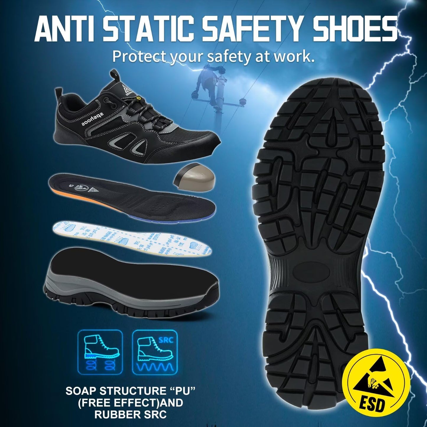 Zapatos de Seguridad para Hombre Mujer S1P ESD Zapatillas Trabajo Comodos Calzado de Seguridad Ligero con Punta de Acero