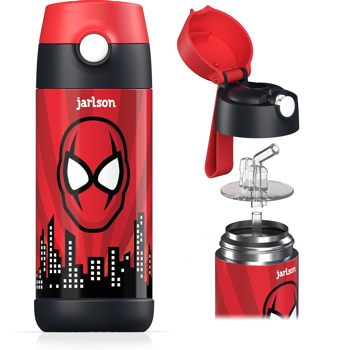 Jarlson®, Botella térmica de acero inoxidable, para niños, libre de BPA, botella para bebidas con pajilla, termo de 500 ml (Camión de bomberos rojo, 500 ml)