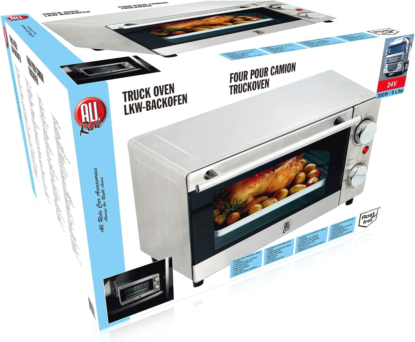 All Ride Horno - Horno de 24 v Camion - Mini Horno para Viajes en Camión o Caravana - 300 Vatios - 9 Litros - Acero Inoxidable