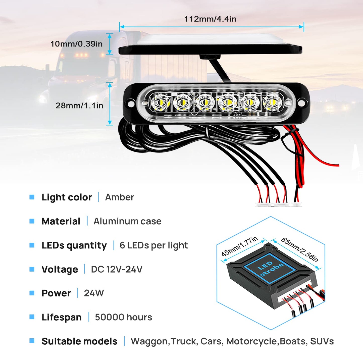 DEFVNSY - Paquete de 4-6 LED Marcador lateral blanco ámbar 12V-24V DC Marcador lateral de camión de coche Luz indicadora Barra de luz Luz de separación Luces estroboscópicas para remolque