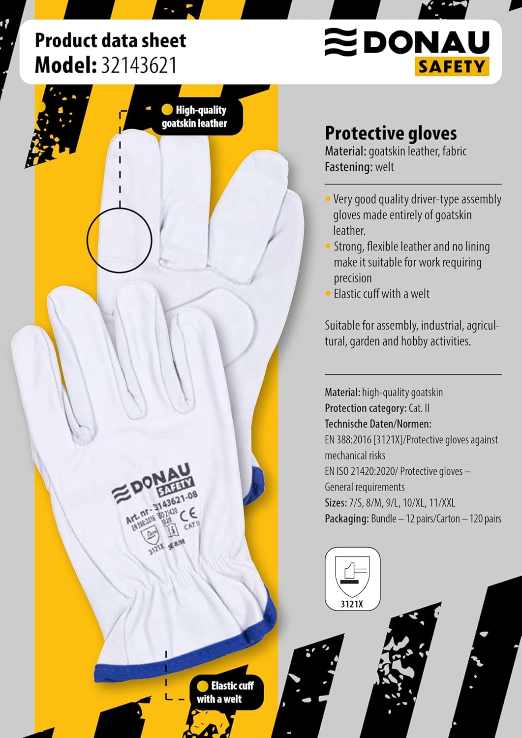 DONAU SAFETY Guantes de trabajo premium de piel de cabra / 1 par/talla 11/XXL/blanco/guantes de piel con muñeca elástica, guantes de montaje, guantes de seguridad para conductor, guantes de seguridad
