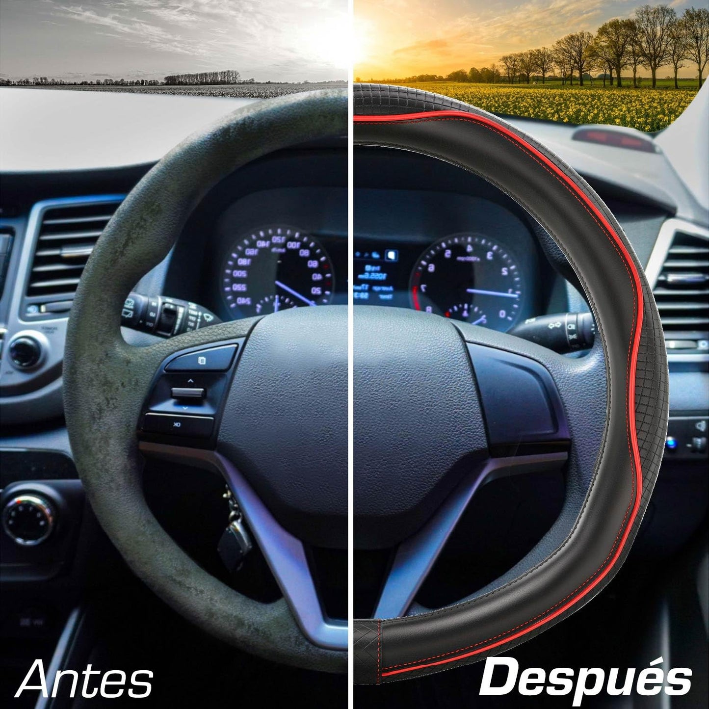 Upgrade4cars Funda Volante Coche Azul Negro Universal Poli-Piel | Cubre 37-38 cm Diámetro Exterior | Accesorios Coches Interior Decoracion Cubierta | Ideas Regalos
