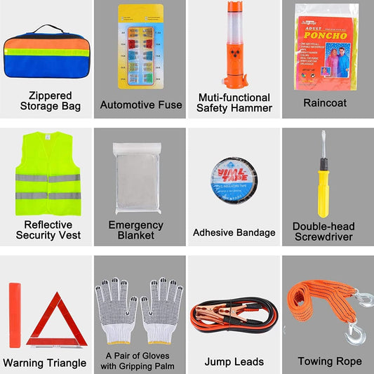 KAHEIGN 12 en 1 Kits de Emergencia para Automóviles, Kit de Reparación de Automóvile incluido Triángulo Peligroso, Visibilidad Chaleco, Remolque Cuerda, Martillo Utilitario, Plomo Salto, Coche Fusible