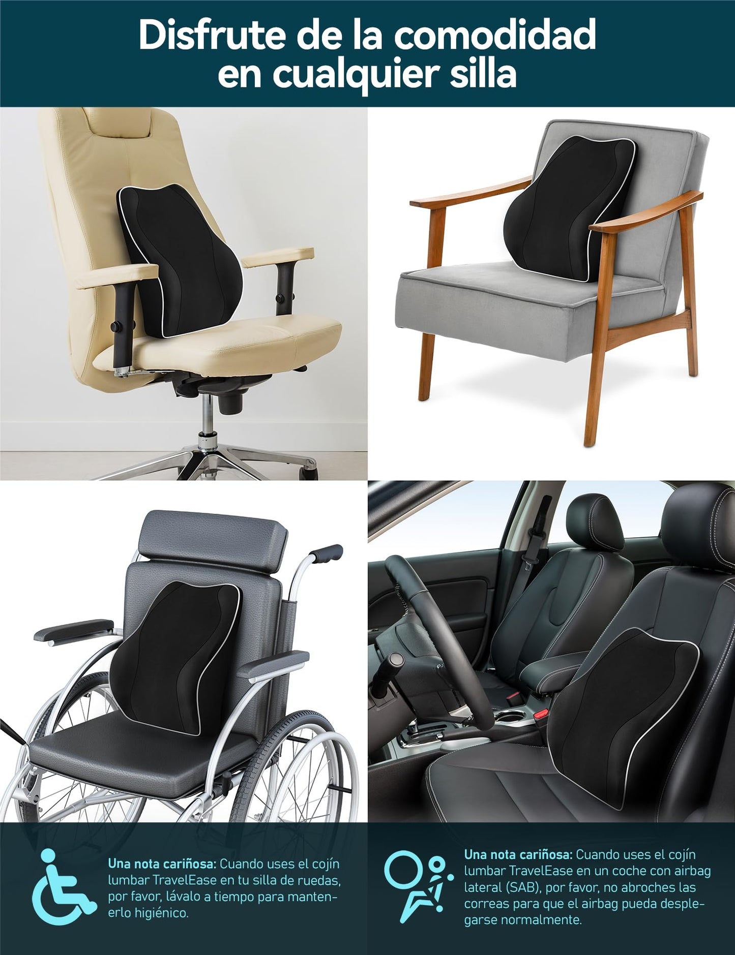 Travel Ease Cojín de Soporte Lumbar Ergonómico, Respaldo de Espuma Viscoelástica para Asiento de Automóvil, Silla de Oficina, Respaldo con Cubierta Antiestática y Correas Ajustables Dobles, Negro